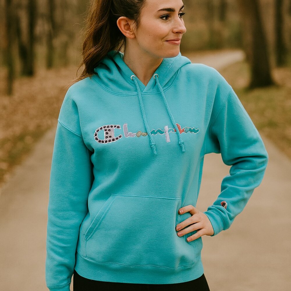 Champion Reverse Weave Aqua Blue Hoodie Large Multicolor Logo NWT
